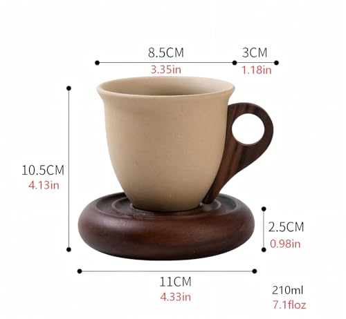 Taza de café cónica de cerámica con base y asa de madera miniatura 6