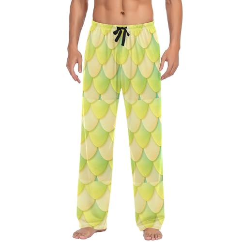 Men’s Green Dragon Scales Pajama Pants with Pockets, Comfortable Lounge Sleep Bottoms#517