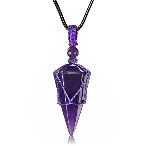 Top Plaza 6 Facet Reiki Healing Crystal Amethyst Stone Pointed Pendant Necklaces Adjustable Natural Gemstone Necklace Reiki Quartz Jewelry for Women Men