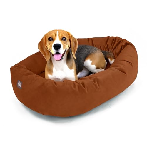 Image of Majestic Pet Suede Shredded Memory Foam Mix Calming Dog Bed Washable - Cozy Soft Round Dog Bed with Spine for Head Support - Fluffy Donut Dog Bed, 32 Inch, Rust