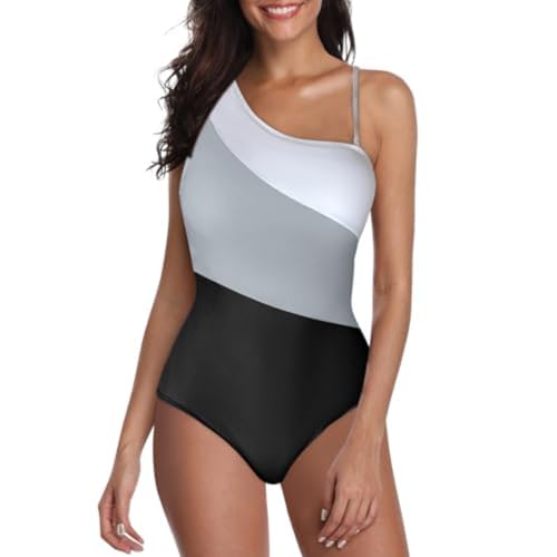 Saymany Bikini Damen, Damen Sexy Push Up Badeanzug Elegant Einteilige Bademode One Shoulder High Waist Swimsuit Retro Raffung Strandmode Vintage Sport Schwimmanzug Swimwear(03##Schwarz, XXL)