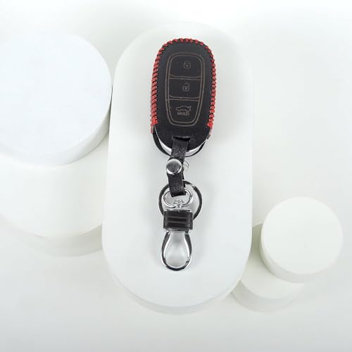 Image of Leather Smart Car Key Cover Case for Hyundai Verna Kona Electric (Black)