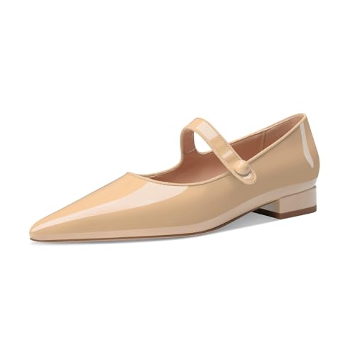Women Vintage Mary Jane Pumps Ballet Flats Patent Leather Ankle Strap Closed Pointed Toe Slip On Comfortable Classic Dress Shoes for Casual Work Office Wedding Business Daily Walking