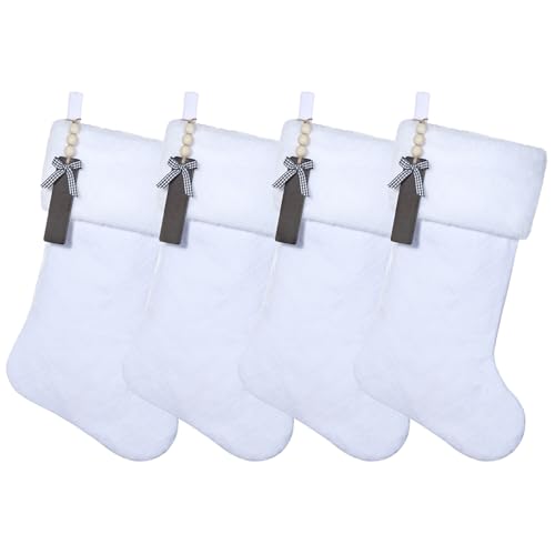Shgngle White Velvet Quilted Personalized Christmas Stocking,19.5 Inch Fireplace Hanging Stockings with Blank Wooden Tags DIY Name,Family Holiday Decorations and Xmas Gift(White 4Pcs)