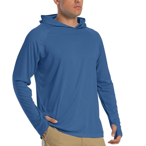 TACVASEN T Shirt Anti UV Homme T Shirt Manche Longue Homme Poids Léger Sweat a Capuche de Protection Solaire Sweat Été Hoodie de Surf Bleu Gris, L