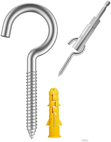 304 Stainless Steel Screw-in Hooks, Metal Hooks, Heavy-Duty Screw Eye Hooks, Wood Terminal Ring Eye Hooks, Christmas Lighting Hook. (26 pcs +1 pcs 1/4" hex Shank Wing nut Driver)