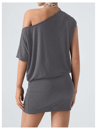 Image of SOLY HUX Women's Off The Shoulder Mini Dress Going Out Asymmetrical Neck Short Sleeve Casual Bodycon T Shirt Dresses