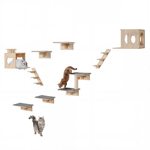 VEVOR Mensole da Parete per Gatti Set da 9, Posatoi Montati a Parete per Gatti con Trampolini, Cucce per gatti, Amache, Set di Mobili da Parete per Gatti Fino a 18,14 kg per Dormire, Arrampicarsi