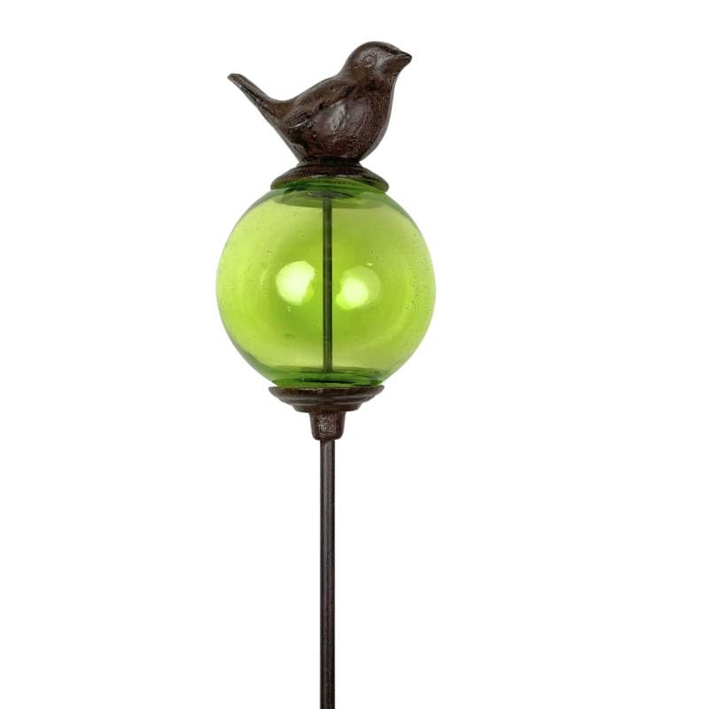 L'Héritier Du Temps Tuteur Boule Vert Pic de Jardin Coloré Décoration de Jardin à Planter Motif Oiseau en Fonte et Verre 10x10x117cm