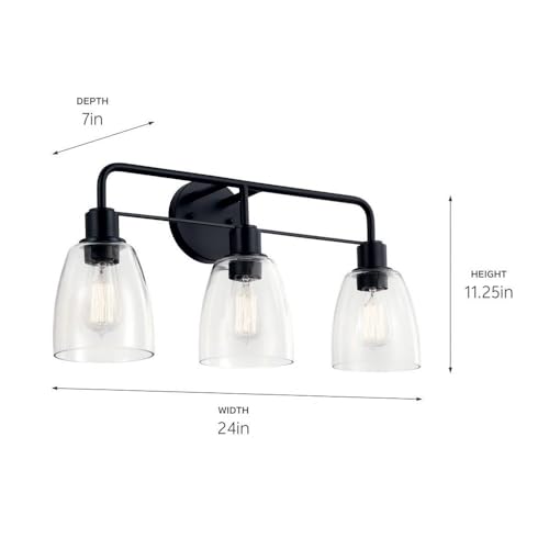 Image of Kichler Meller 3-Light Vanity Light, Black | Vanity light with clear glass for bathroom mirrors and vanities (24 inch x 11.25 inch), 55102BK