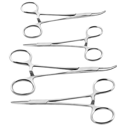 Ainiv 4 PCS Hemostat Curved &amp; Straight Self-Locking Fishing Forceps, 5"+7"