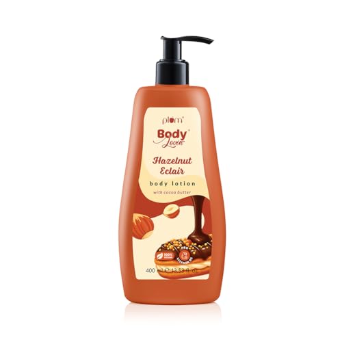 Image of Plum BodyLovin' Hazelnut Eclair Body Lotion | Cocoa Butter & Vitamin B5 for Deep Moisturization | Hazelnut & Vanilla Notes | Non-Greasy & Lightweight | Soft, Smooth & Glazed Skin | For Dry To Very Dry Skin | Toasted Nutty Choco-Vanilla Fragrance | 400ml