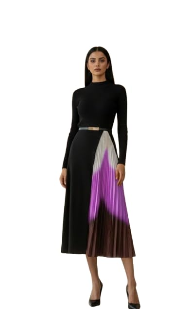 Image of Women's High-Fashion Bodycon Dress with Contrast Pleats and Belt