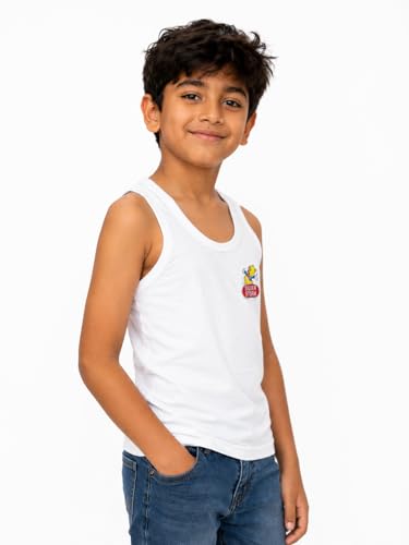 Image of White Sleeveless Regular Fit Cotton Cartoon Printed Baniyan /Vest Innerwear for Kids /Boys (Pack of 5)