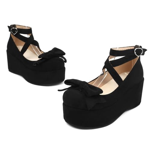 Alyaafifa Cute Lolita Mary Jane Bow Pumps for Women Platform Wedges Closed Round Toe Ankle Strap High Heel Dress Shoes Comfortable Sweet Kawaii Cosplay Prom Party