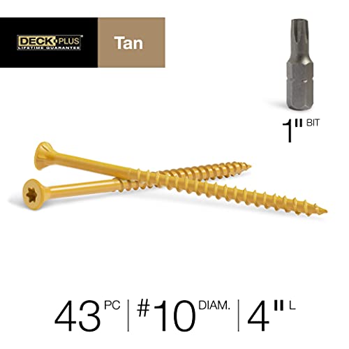 Image of Deck Plus 4 Inch Epoxy Coated Exterior Wood and Fence Screws #10 x 4 Torx /Star Drive Included Coarse Thread, Outdoor Rust Resistant Decking Screw, Tan, 1lb Box, 43 Pieces | 48423 (Pack of 12)