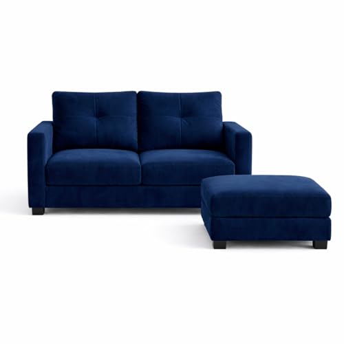 Image of FURNY Heritage 2 Seater Fabric Sofa Set with 1 Ottoman (Dark Blue) with Velvet Finish | Durable Comfort | Ideal for Living Room