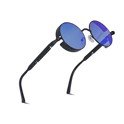 besbomig Lunettes de Soleil Homme Femme Polarisée Steampunk Lunette et Accessoires Vintage Ronde Cadre Métallique UV400 Protection