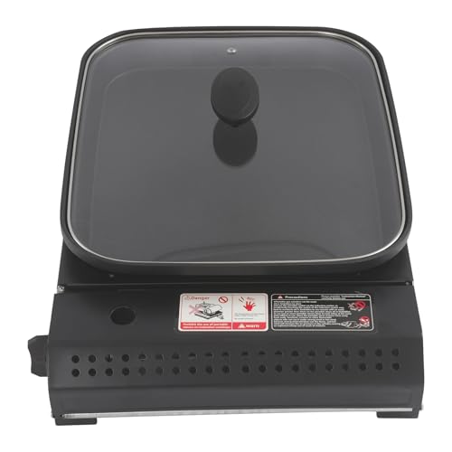 Rechaud gaz camping avec poele 2 1kw, rechaud barbecue portable plaque antiadhesive pour caravane randonnee pique nique, cuisiniere gaz 45x30cm couvercle...