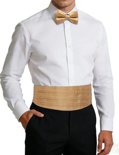 Image of Paisley Floral Tuxedo Cummerbund Bow Tie Pocket Square Set for Men | 3-piece set:cummerbund,bow tie&pocket square.Adjustable back for comfort.Silk blend,wedding,proms,black tie&formal events.