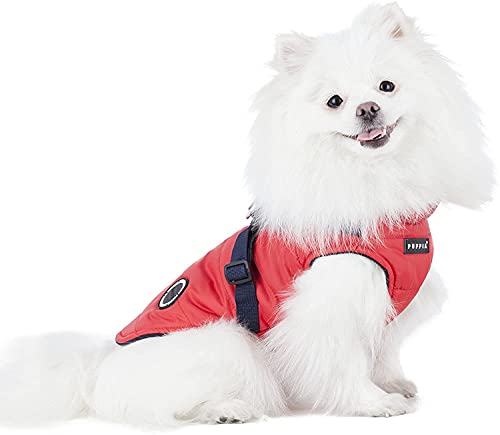 Puppia Hochwertiger Hundemantel für kleine Hunde und mittelgroße Hunde - wasserdicht und mit Fleece gefüttert für angenehme Wärme - Hundemantel mit Geschirr, Rot, L