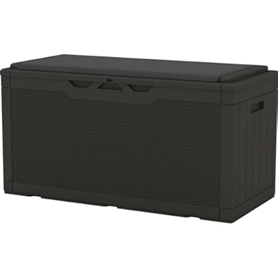 Patiowell 100 Gallon Resin Deck Box with cushion, Waterproof Large Outdoor Storage Box for Patio Furniture and Garden Tools, Black