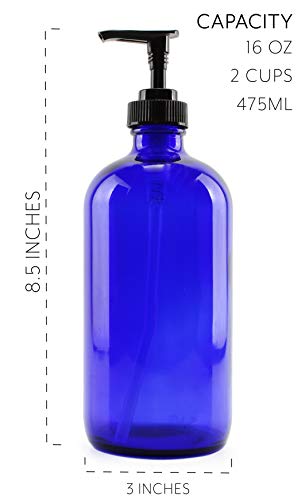 16-Ounce Cobalt Blue Glass Bottles w/ Lotion Pump Dispensers (2-Pack); Refillable Liquid Soap, Hand Care, Pump Bottles + Chalk Labels & Lids, BPA-Free Plastic Tops