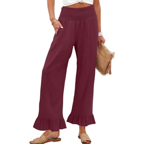 Wide Leg Linen Pants for Women Smocked Elastic High Waisted Ruffle Hem Palazzo Pants Casual Drawstring Beach Trousers