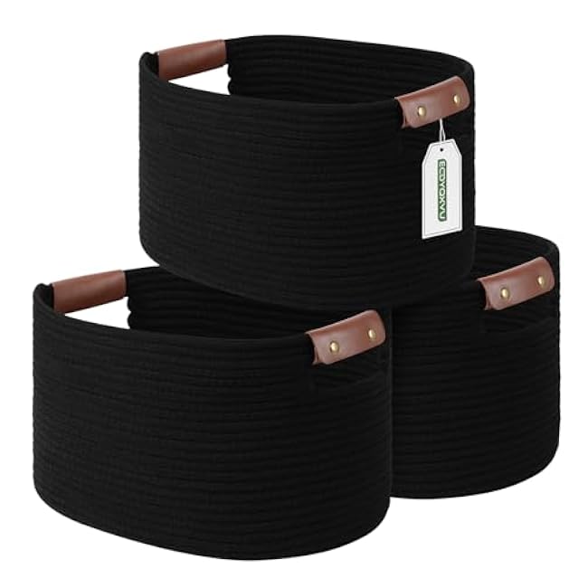 Cotton Rope Basket , Storage Baskets with Handle, 15x10x9 Inch Woven Basket for Shelves, Laundry, Towels, Clothes, Books, Toys (Black 1Pack)