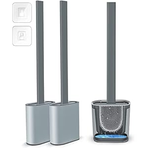 Toilet Brush and Holder 2 PACK, Deep Cleaner Silicone Toilet Brush, No-Slip Long Handle and Flexible Bristles, Quick…