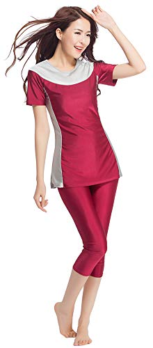 Modest Swimwear for Women Short Sleeve Swimsuit Burkini Modesty Swimming Costume Rash Guard Surfing Suit Beachwear Wine Red