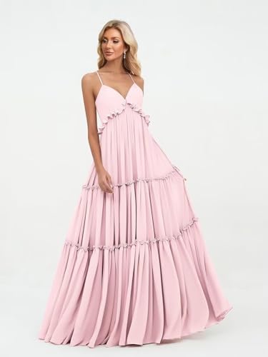Women's Tiered Long Bridesmaid Dresses Spaghetti Straps V-Neck Chifon Formal Evening Dress with Pocket4