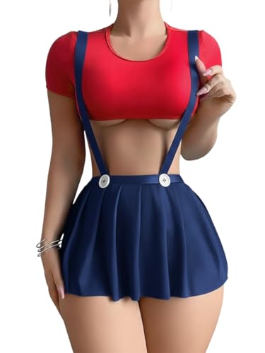 Image of Women's Sexy Schoolgirl Cosplay Babydoll - Red Crop Top & Black, Navy & Royal Pleated Suspender Skirt - Cute Roleplay Babydoll Outfit