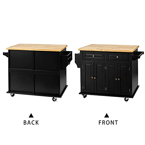 Mavalous Island Table for Kitchen, Kitchen Island with Rubber Wood Countertop, Drawers, Spice Rack, Towel Rack, Black Rolling Island Storage for Dinning Room
