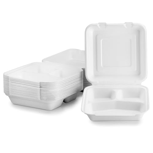 CaterCo Disposable Bagasse Clamshell Food Containers - 8 x 8 inch 3 compartment 100 Pack, Biodegradable Sugarcane Container, Compostable, Eco-Friendly, Takeaway Boxes, 100 Pack 8x8 Inch, 3 Compartment