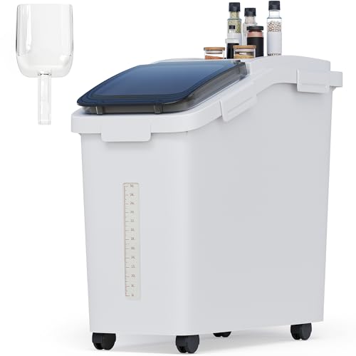 DWVO Large Ingredient Storage Bins, 11.4-Gallon Flour Rice Food storage Containers Bins with Wheels, Scoop and Airtight Lid for Dry Food, Flour, Cereal Grain, Sugar, White