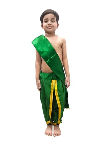 Image of BookMyCostume Indian Traditional Costume for Kids | Ramayana Dress for Boys | Green Dhoti with Patka Dussehra | Mythology Fancy Costume for School Annual Day Performance | 10-12 Years