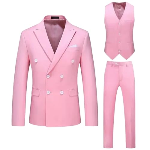 Men Full Notched Lapel Double Breasted 3-Piece Wedding Graduation Casual Banquet Suit Pink