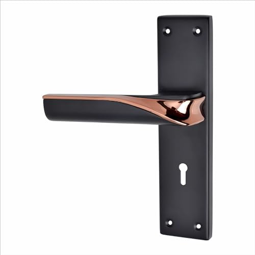 Image of Milton ZINC Mortise Lock Set with Wave Design, Black and Rose Gold Finish, 8 Inch