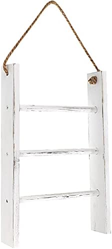 Patelai 3-Tier Mini Wall-Hanging Hand Towel Ladder with Rope Decorative Wooden Bathroom Towel Rack Ladder and Hook for Farmhouse Room Decor (Vintage White)