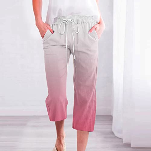 Mittory Womens Linen Capri Pants For Summer Jogger Cotton Casual Loose Cropped Tie Elastic Waist Trousers With Pockets B-Pink #TOP1