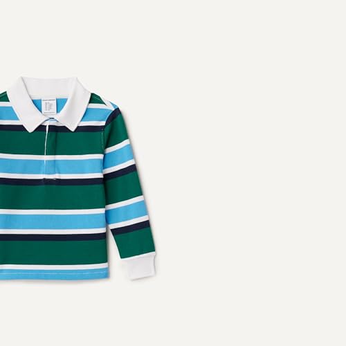Amazon Essentials Jungen Rugby-Poloshirt, Dunkles Smaragdgrün Blau Blockstreifen, 8 Jahre