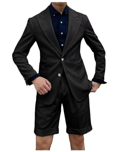 Men's Solid Seersucker Jacket Shorts Set 2 Piece Fashion Peak Lapel Casual Suit for Beach Wedding Black XS