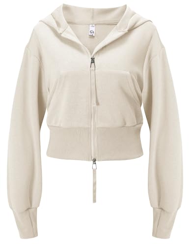 Flygo Women's Cropped Zip Up Hoodie Long Sleeve Drop Shoulder Swe...