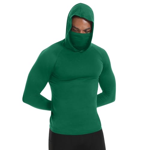 Mens Compression Thermal Shirts Hoodie with Mask Long Sleeve Winter Sports Base Layer Top Active Running Sun Shirt