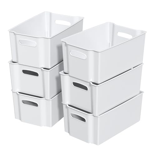 Sosody Plastic Freeze Stacking Storage Box, White Shelf Storage Basket Bin, Set of 6