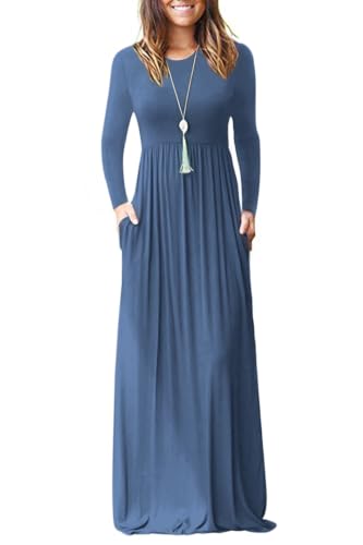 Image of AUSELILY Womens Long Sleeve Maxi Dress Casual Empire Waist with Pockets | Versatile year round long dress for spring, fall, winter, available in floral prints and solids