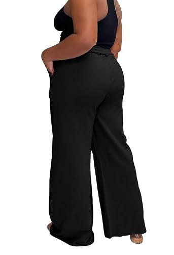 HBQ Women Casual Wide Leg Pants Lightweight Flowy Joggers Baggy Lounge Sweatpants with Pockets-Black-XL