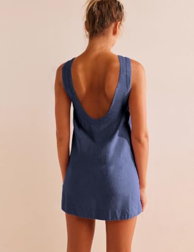Image of VIUTIL Womens Summer Linen Mini Dress Boat Neck Low Back Sleeveless Tank Dresses with Pockets 2026 Vacation Outfits