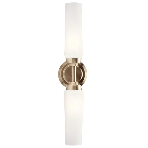 Image of Kichler Truby 2-Light Bathroom Vanity Light Fixture with Satin Etched Cased Opal Glass in Champagne Bronze, Modern Art Deco Wall Sconce for Mirror (20.75 in x 4.5 in), 55074CPZ